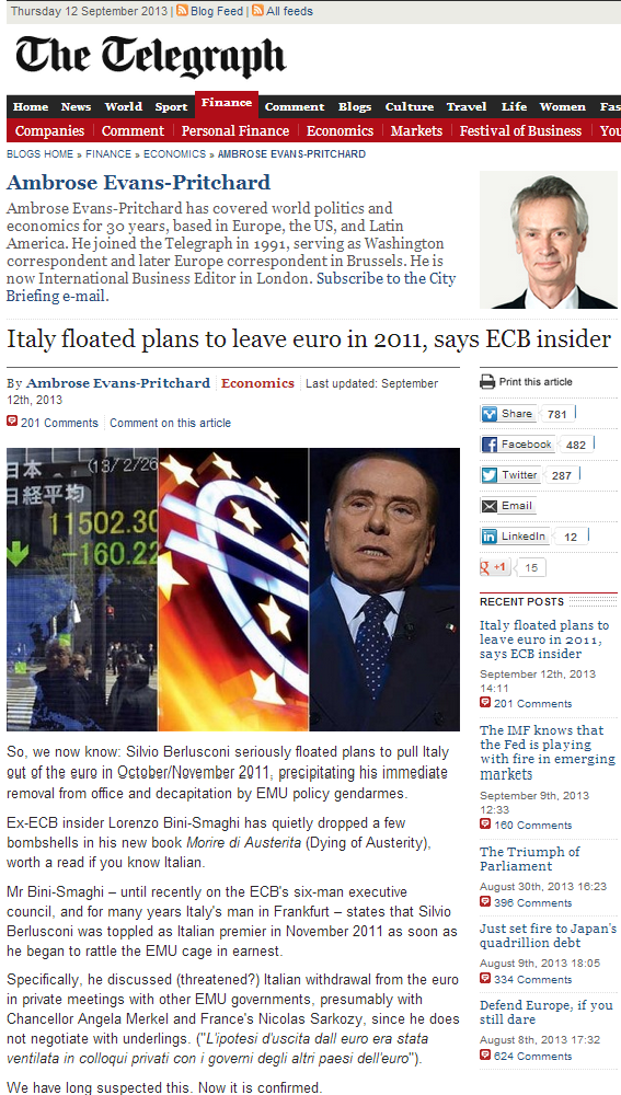 Italy floated plans to leave euro in 2011, says ECB insider – Telegraph Blogs
