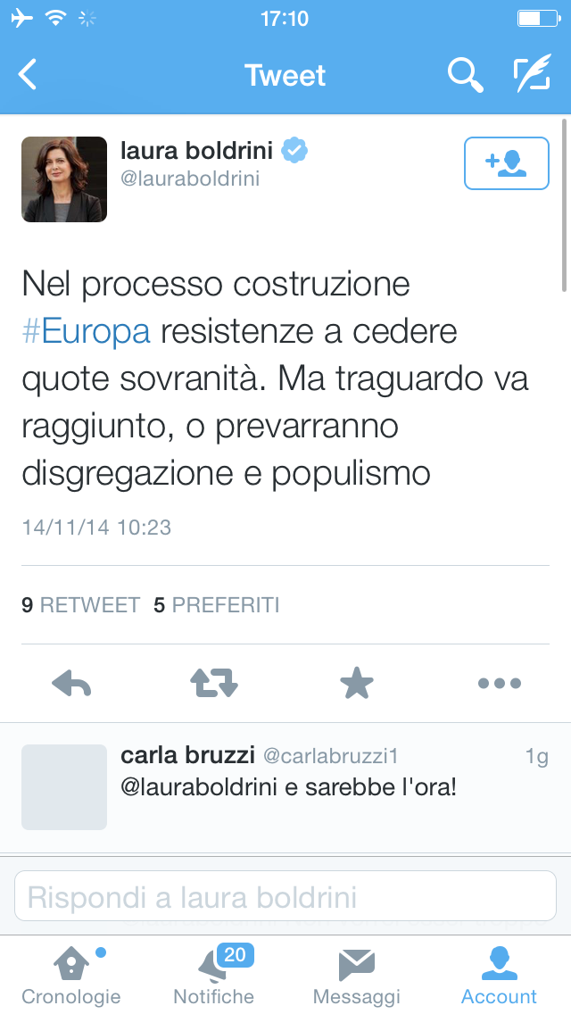 La pagina Twitter di Laura Boldrini: una dichiarazione di guerra all’Italia ed al suo popolo.