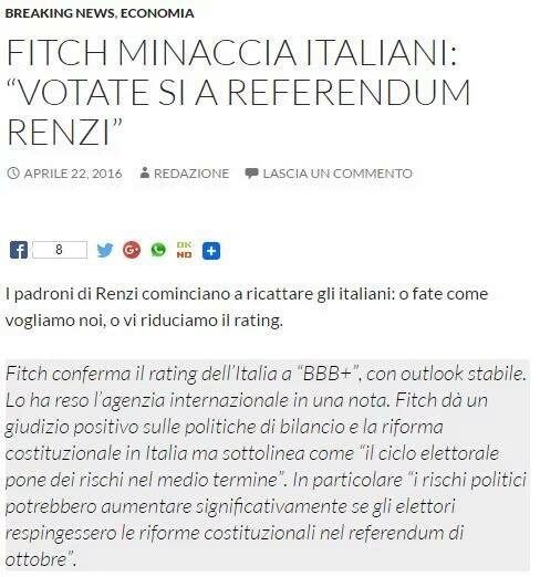 Flash: Fitch: “votate sì al referendum Renzi”.