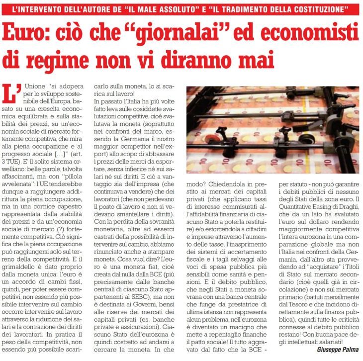 Euro: ciò che “giornalai” ed economisti di regime non vi diranno mai (l’articolo di Giuseppe PALMA su Il Giornale d’Italia)