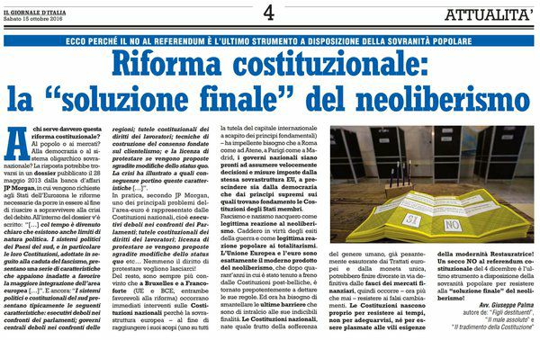 RIFORMA COSTITUZIONALE: LA “SOLUZIONE FINALE” DEL NEOLIBERISMO (articolo di Giuseppe PALMA su Il Giornale d’Italia del 15/10/2016)