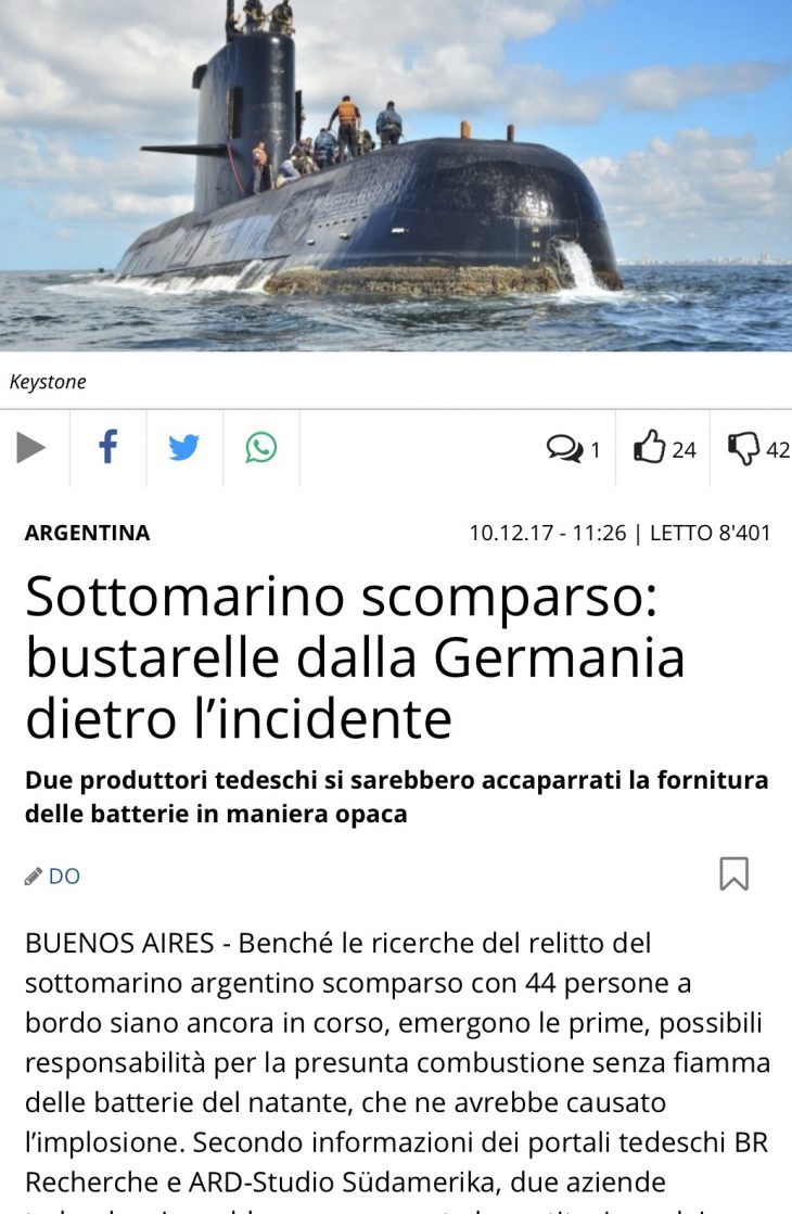 Secondo la stampa svizzera il sottomarino argentino è affondato per colpa di batterie scadenti installate da aziende tedesche con il pagamento di tangenti!