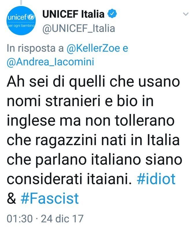 UNICEF, FINANZIATA DA SOROS, SI PERMETTE DI DARE DEGLI IDIOTI E DEI FASCISTI AGLI ITALIANI CHE NON SONO D’ACCORDO CON LEI.