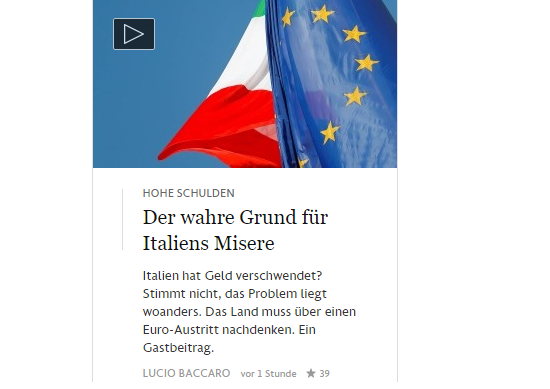 Il FAZ sulla crisi italiana: le sole soluzioni sono l’uscita dall’Euro o la rivalutazione tedesca