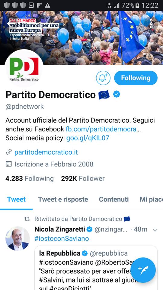 Il PD toglie la bandiera italiana dal suo profilo twitter