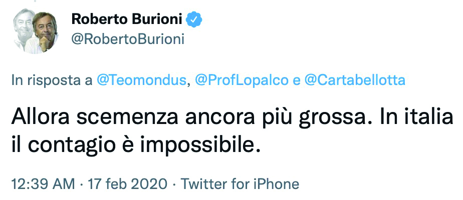 Burioni, tweet: impossibile contagiarsi col covid