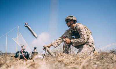 U.S. Marine Corps Cpl. Jonathan Altamirano, a fire support Marine with 1st Air Naval Gunfire Liaison Company (ANGLICO), I Marine Expeditionary Force Information Group, launches a lethal miniature aerial missile system during an exercise at Marine Corps Base Camp Pendleton, California, Sept. 2, 2020. During the exercise, 1st ANGLICO’s mission was to launch, locate, track, lock and engage a simulated enemy target with an unmanned aerial system. (U.S. Marine Corps Photo by Cpl. Jennessa Davey)