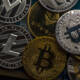 Close-up of Bitcoin coins lie on each other
