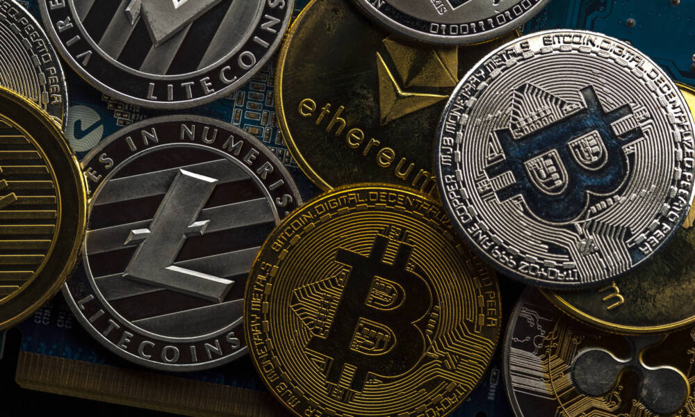 Close-up of Bitcoin coins lie on each other