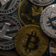 Close-up of Bitcoin coins lie on each other