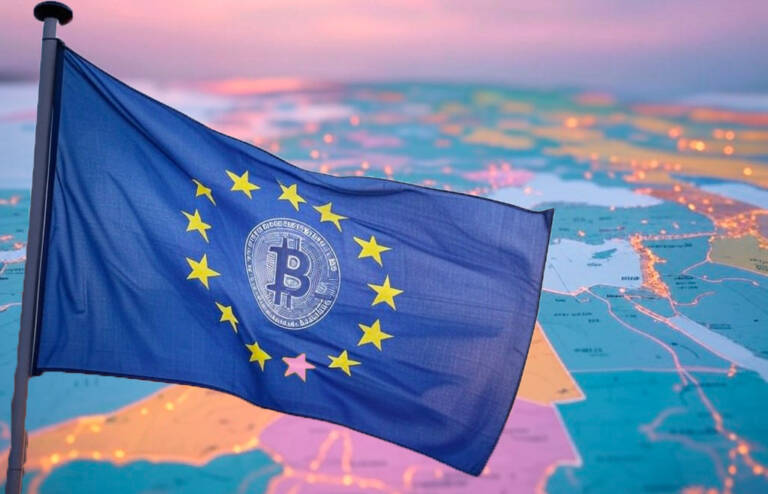 Bandiera Europea con simbolo del Bitcoin