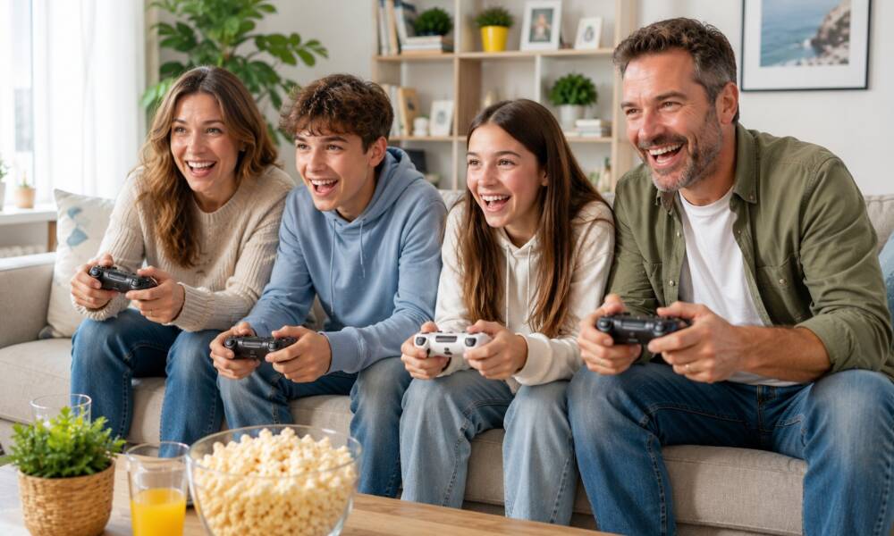 Famiglia che gioca con videogioco