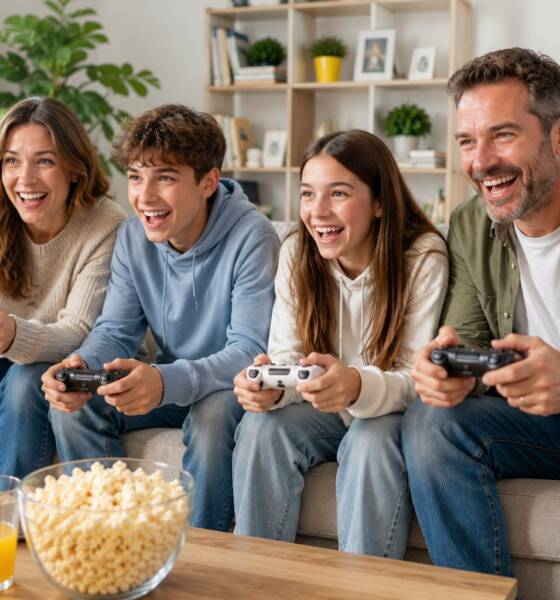 Famiglia che gioca con videogioco