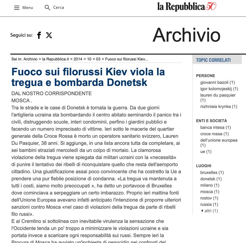 Articolo di Repubblica sulla guerra civile in Ucraina anno 2014 Mario Krave